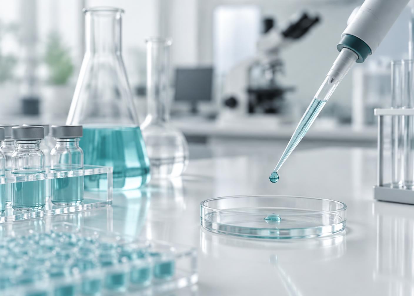 Laboratory bench with vials, flask and a pipette during sample preparation